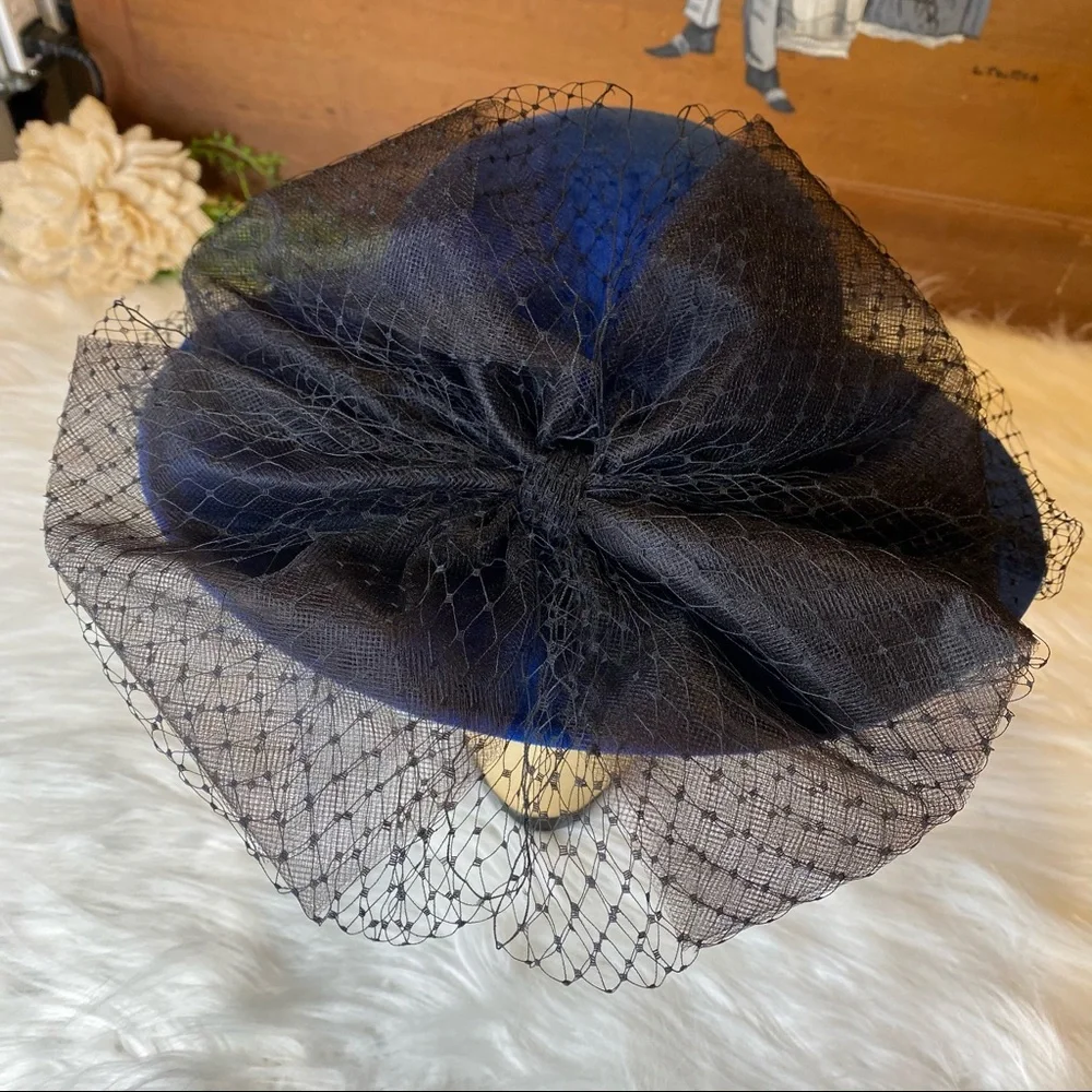 Royal Blue Women's Felt Hat with Black Veil - Picture 3 of 11